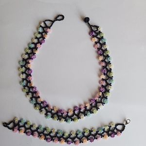 Mexican handmade beaded jewerly Necklace choker and Bracelet multicolor